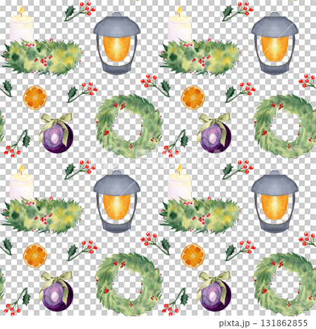 Wreaths, lantern, candle, holly, Christmas ornament, watercolor seamless pattern isolated on white. Perfect for card, textile, stationary, scrapbooking, wrapping paper, festive digital seasonal design 131862855