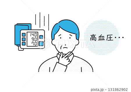 血圧計の数値が高血圧に値する状況に悩みを感じる中年の男性のイラスト 血圧計の数値が高血圧に値する状況に悩みを感じる中年の男性のイラスト 131862902