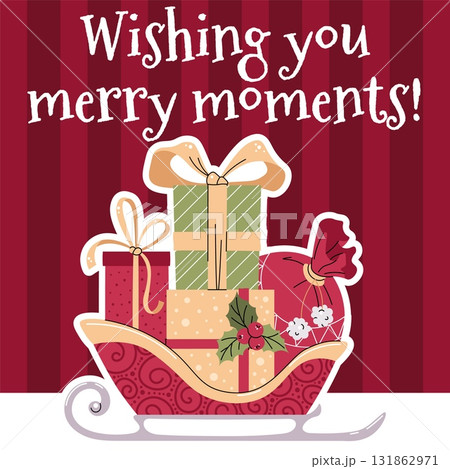 Christmas Sleigh with Santa's Gifts Card Flat Vector Illustration. Festive Holiday Design for Social Media Posts, Seasonal Banners, Winter Marketing and Print Materials 131862971