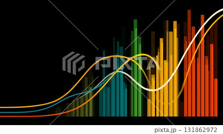 Colorful bar charts and wavy lines overlaying a dark background, illustrating complex data analysis, financial trends, market fluctuations, and business growth visualization Colorful bar charts and wavy lines overlaying a dark background, illustrating complex data analysis, financial trends, market fluctuations, and business growth visualization 131862972