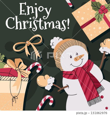 Christmas Square Card with Snowman and Presents. Flat Vector Illustration for Holiday Greetings, Social Media, Seasonal Marketing and Print Materials 131862976