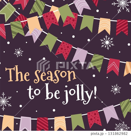 Christmas Card with Garland and Snowflakes. Flat Vector Illustration for Holiday Posters, Social Media Banners, Festive Posts and Seasonal Decor Christmas Card with Garland and Snowflakes. Flat Vector Illustration for Holiday Posters, Social Media Banners, Festive Posts and Seasonal Decor 131862982