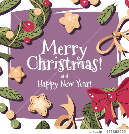 Christmas Wreath Card with Bows, Stars and Decorative Elements. Flat Vector Illustration for Holiday Posters, Festive Social Media Posts, Seasonal Banners and Gift Tags 131862986