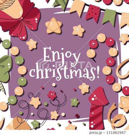 Christmas Card with Fireworks, Crackers and Confetti. Flat Vector Banner for Holiday Social Media Posts, Festive Posters, Website Headers and Party Invitations Christmas Card with Fireworks, Crackers and Confetti. Flat Vector Banner for Holiday Social Media Posts, Festive Posters, Website Headers and Party Invitations 131862987