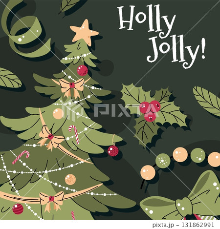 Christmas Tree Card with Decorations, Toys, Bows and Garland Flat Vector Illustration. Festive Holiday Design for Posters, Banners, Social Media, Seasonal Marketing and Print Materials 131862991