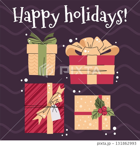 Elegant Christmas Present Card Flat Design. Holiday Gift Boxes with Bow for Festive Posters, Seasonal Banners and December Celebrations Elegant Christmas Present Card Flat Design. Holiday Gift Boxes with Bow for Festive Posters, Seasonal Banners and December Celebrations 131862993