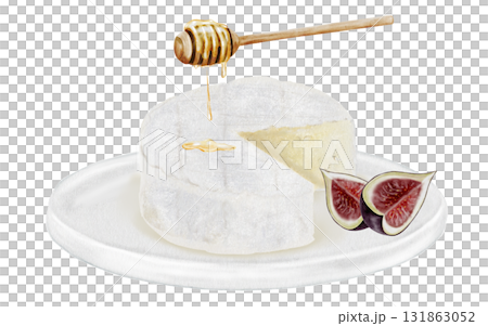 Cheese watercolor drawing. Brie, figs and honey. Hand drawn illustration of dairy cream product of French cuisine. Clip art of food on white background. Ideal for packaging of farm organic product or 131863052