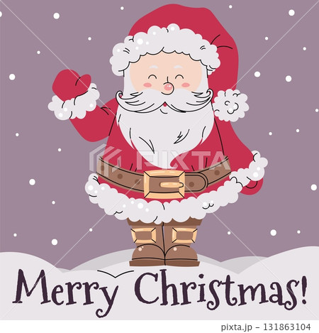 Cheerful Santa Claus Waving Hand Flat Design. Christmas Card Template, Holiday Poster and Festive Banner with Greeting Message Cheerful Santa Claus Waving Hand Flat Design. Christmas Card Template, Holiday Poster and Festive Banner with Greeting Message 131863104