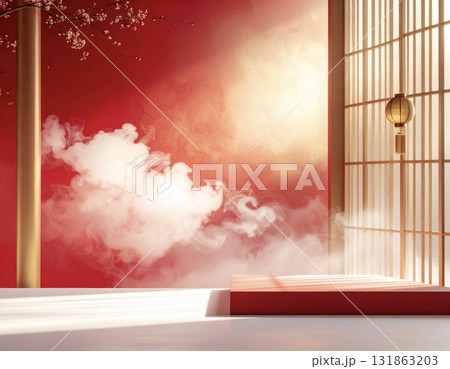 柔らかな金霞が漂うお祝いの和風デザイン 131863203