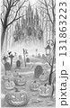 Pencil Drawing of a Spooky Gothic Castle and Graveyard 131863223
