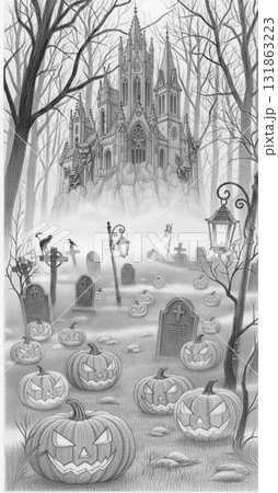 Pencil Drawing of a Spooky Gothic Castle and Graveyard 131863223
