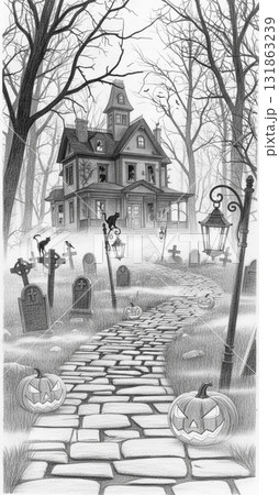 Pencil Drawing of a Spooky Gothic Castle and Graveyard Pencil Drawing of a Spooky Gothic Castle and Graveyard 131863239