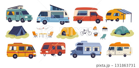Cartoon campers. Different types vans, trailers, summer trucks and caravans, holiday recreational vehicles, camping vacation travel adventure cartoon flat style isolated garish vector set 131863731