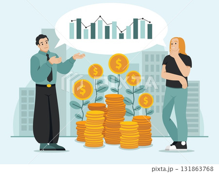 Financial investments people. Broker talks to investor, stock market, receiving dividends, analytic, difference trading, family planting money tree, tidy vector cartoon isolated concept 131863768