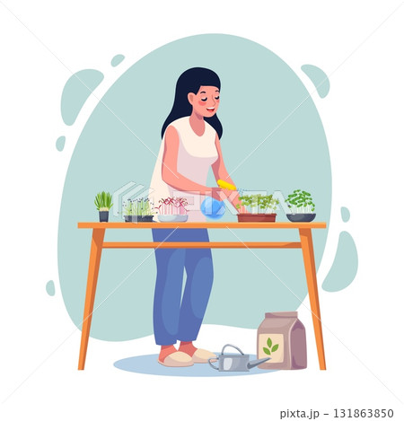 Microgreens farming. Cartoon happy woman sprays sprouts of greenery in pots, germination of seeds, healthy vegetarian food, growing superfood at home, plants gardening classy vector concept 131863850