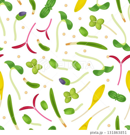 Microgreens seamless pattern. Repeated sprouts of edible plants, sprouted seeds, radishes, mustard, lettuce, peas. Decor textile, wrapping paper, wallpaper. Print classy vector background Microgreens seamless pattern. Repeated sprouts of edible plants, sprouted seeds, radishes, mustard, lettuce, peas. Decor textile, wrapping paper, wallpaper. Print classy vector background 131863851