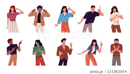 People gesturing. Men and women show different signs with hands, body language, non verbal communication way, positive and approving gestures, cartoon flat isolated nowaday vector set 131863854