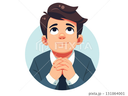 Illustration of a man in a suit clasping his hands and looking up, representing hope. Illustration of a man in a suit clasping his hands and looking up, representing hope. 131864001