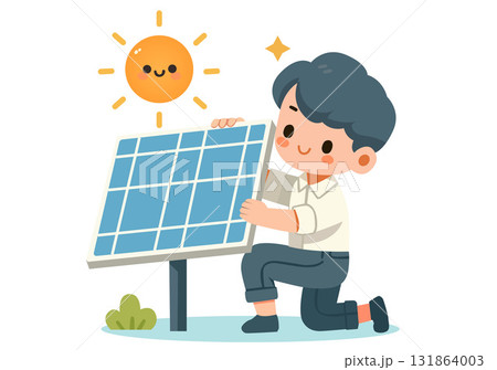 Illustration of a boy installing solar power 131864003