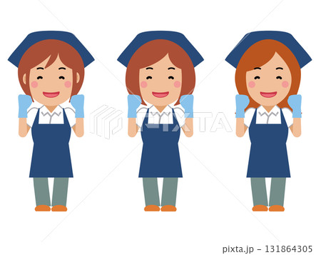 がんばります。と笑顔の紺色エプロンの女性清掃員 がんばります。と笑顔の紺色エプロンの女性清掃員 131864305