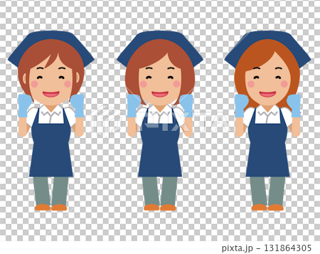 がんばります。と笑顔の紺色エプロンの女性清掃員 がんばります。と笑顔の紺色エプロンの女性清掃員 131864305