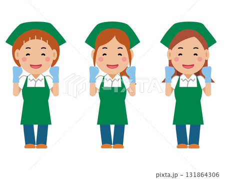 がんばります。と笑顔の緑エプロンの女性清掃員。その2 131864306