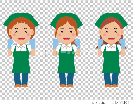 がんばります。と笑顔の緑エプロンの女性清掃員。その2 131864306