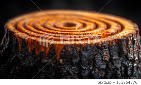 Tree rings on dark wood stump closeup, forest conservation and sustainability concept showing natural growth pattern texture Tree rings on dark wood stump closeup, forest conservation and sustainability concept showing natural growth pattern texture 131864376
