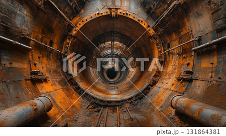 Underground tunnel with rusty metal walls and industrial pipes, infrastructure engineering for urban transportation or utility system 131864381
