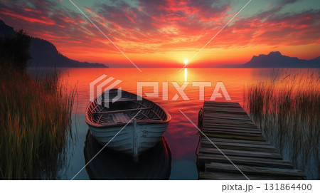 Wooden boat anchored by small dock at sunset with vibrant orange sky reflecting on tranquil lake surrounded by mountains, serene nature retreat concept Wooden boat anchored by small dock at sunset with vibrant orange sky reflecting on tranquil lake surrounded by mountains, serene nature retreat concept 131864400