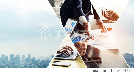 様々なビジネスシーンのコラージュ バナー・広告向け横長ビジュアル 様々なビジネスシーンのコラージュ バナー・広告向け横長ビジュアル 131864471