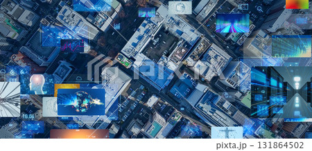 現代都市とデジタルテクノロジーのコンセプトイメージ　バナー・広告向け横長ビジュアル 131864502