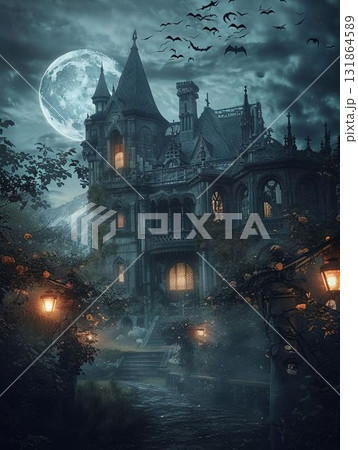 満月に舞うこうもりの城／Gothic Castle with Bats 131864589