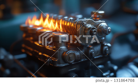 Engine components illuminated by dancing flames creating dramatic industrial atmosphere 131864708