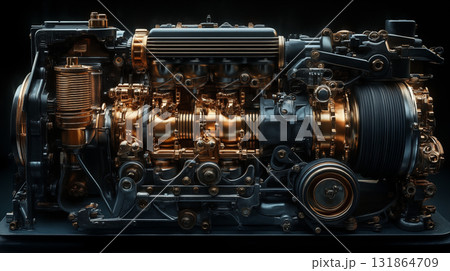 Engine cross section with golden components, demonstrating precision engineering innovation 131864709