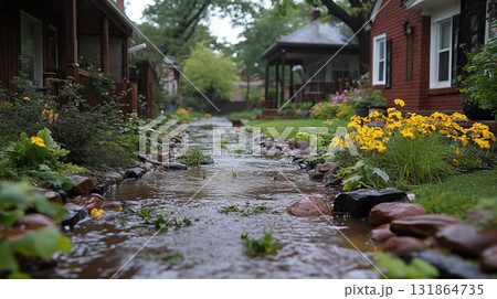 Garden stream flowing through residential landscape, natural water feature design 131864735