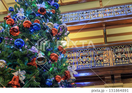 豪華な図書館の中のクリスマスツリー 131864891