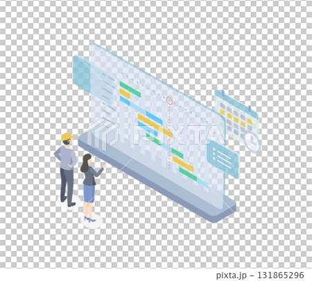Isometric vector illustration of people checking progress management in front of a Gantt chart Isometric vector illustration of people checking progress management in front of a Gantt chart 131865296