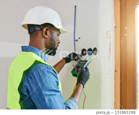 Electrician Testing Wall Wiring with Digital Multimeter 131865298