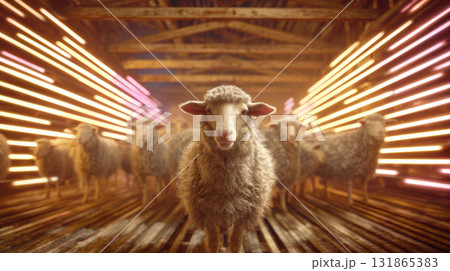 Sheep Standing in Barn with Flock 131865383