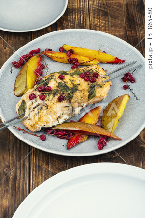Salmon mango skewers. 131865480
