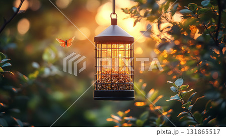 Bird feeder glowing at sunset, garden wildlife sanctuary with butterfly visitor 131865517