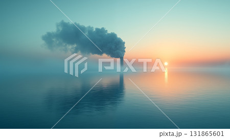 Industrial chimney reflecting in calm water, environmental impact concept 131865601