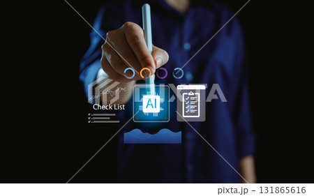 Businessman touching virtual AI interface with data analytics, checklist and technology icons, symbolizing artificial intelligence, digital transformation and business innovation. analytics, checklist 131865616