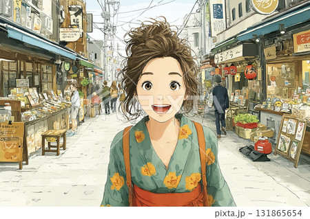 美優シリーズ：美優が花柄の浴衣を着て商店街を笑顔で歩いている昼のシーン 131865654