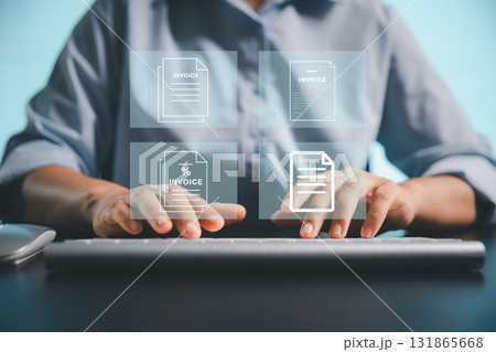 Businesswoman manages electronic statements, digital receipts on virtual screen, utilizing concept of e-invoice, digital billing, online invoice processing as smart e-tax and tax accounting solutions. 131865668