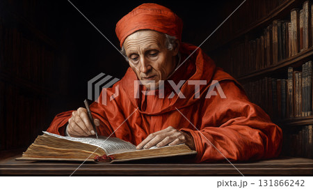 Scholar writing in ancient manuscript wearing red robe, historical study concept 131866242