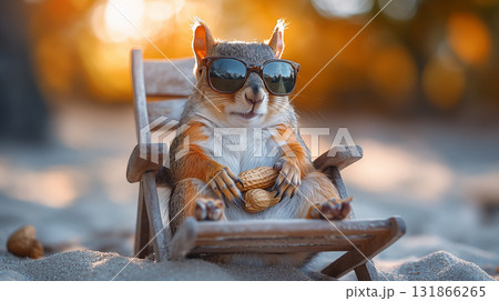 Squirrel relaxing in beach chair with sunglasses holding peanut, embodying summer leisure 131866265