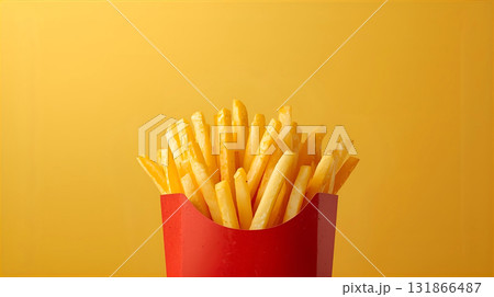 黄色い背景に赤い紙カップに入ったフライドポテト 131866487
