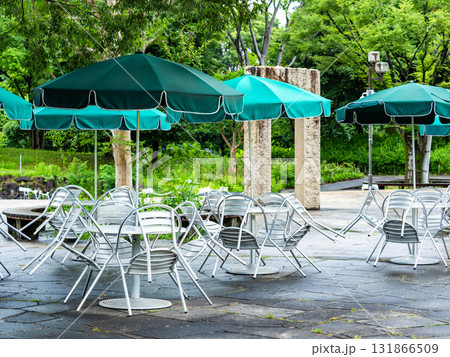雨上がりの公園の景色　パラソルテーブルと椅子 131866509